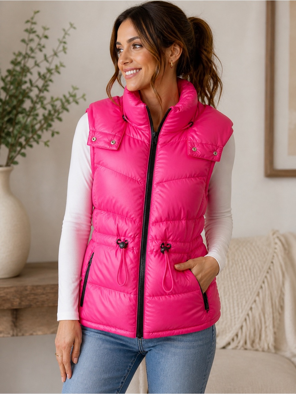Swiss Tech Neon Pink Puffer Vest Women’s M (8-10) Hooded Zip Winter Coat